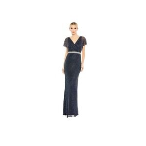 NEW Mac Duggal‎ 12 Beaded Gown 93678 Navy Blue V Neck Short Sleeve Formal